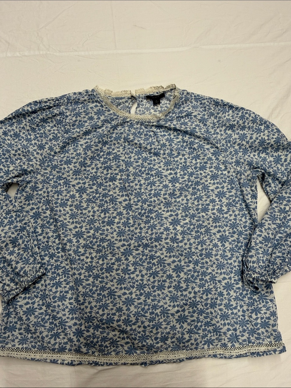 J. Crew Blue Floral Lace-Trim Long-Sleeve Blouse